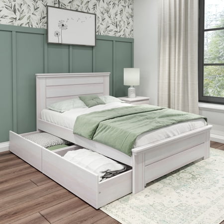 Max & Lily Full Bed Frame with Headboard and Storage Drawers  Wooden Adult Platform Bed  White Wash