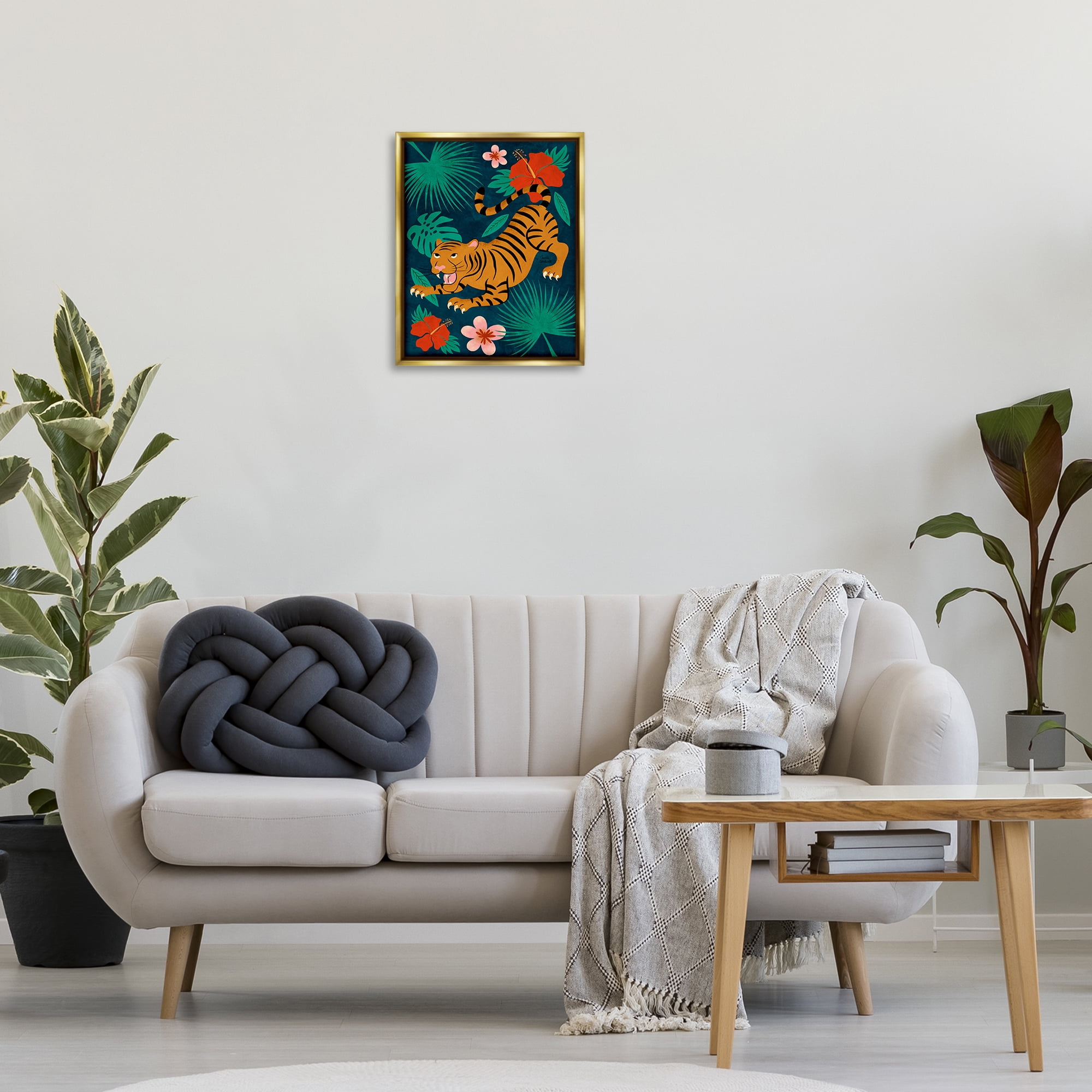 Stupell Industries Crouching Tiger Tropics Animals Painting Gold Floater Framed Canvas Art Print Wall Art, 17 x 21