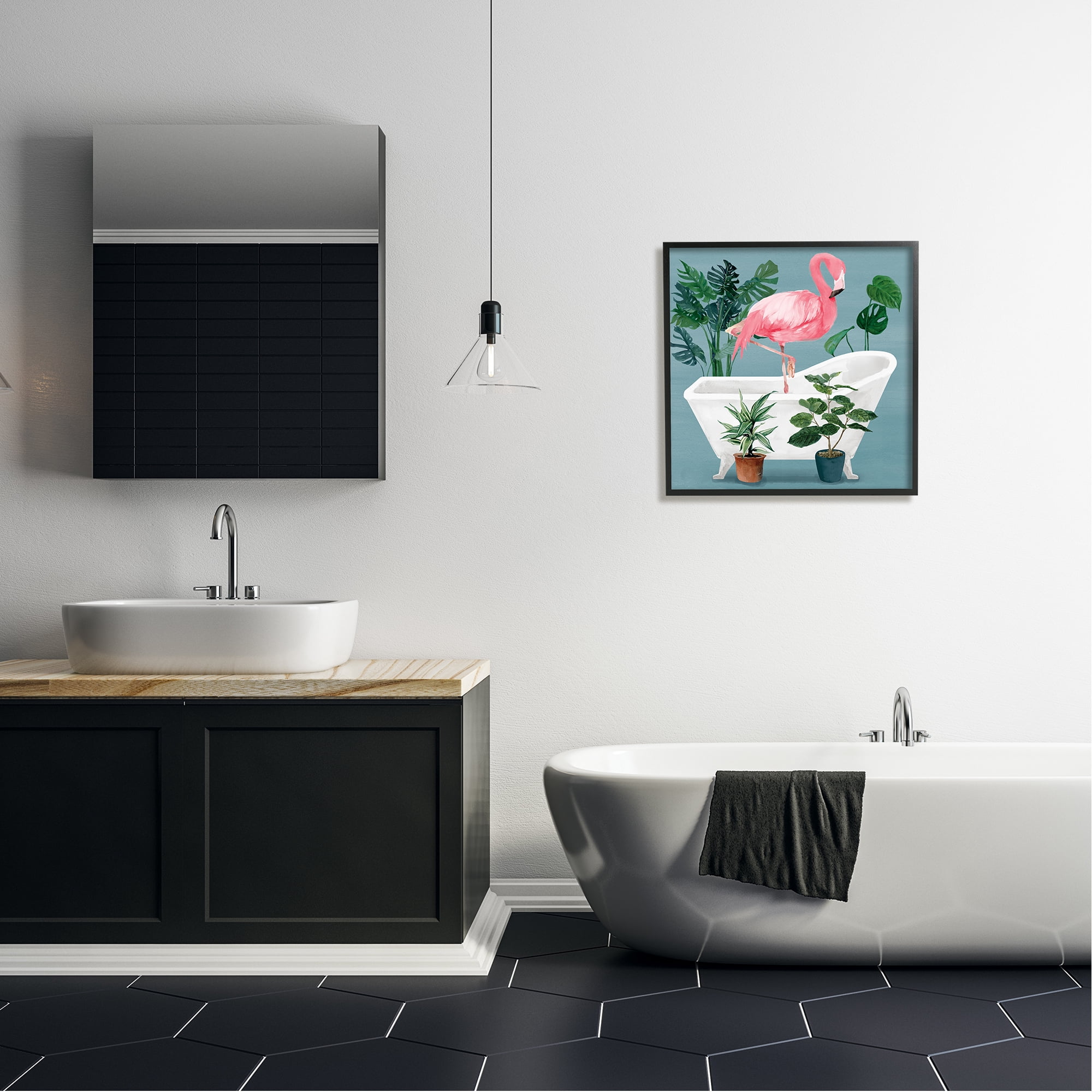 Stupell Industries Botanical Flamingo Bathroom Animals & Insects Painting Black Framed Art Print Wall Art, 24 x 24