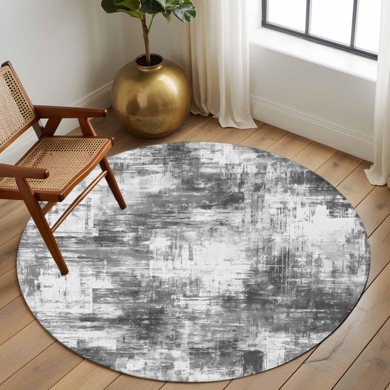 Round Area Rug 6 Ft, Black Grey Ombre Washable Non-Slip Circle Carpet for Living Room/Bedroom, Gradient Abstract Art Vintage Low-Profile Indoor Mats Collection Rugs for Residential