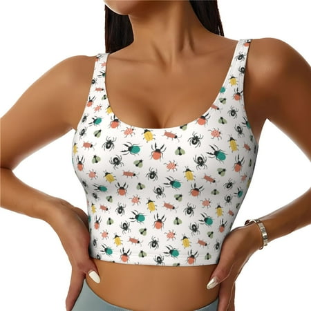 Picia colorful doodle insects Pattern Sports Bra for Women Padded Strappy Sports Bras Medium Support Yoga Bra with Removable Cups Running Yoga Bra-X-Large