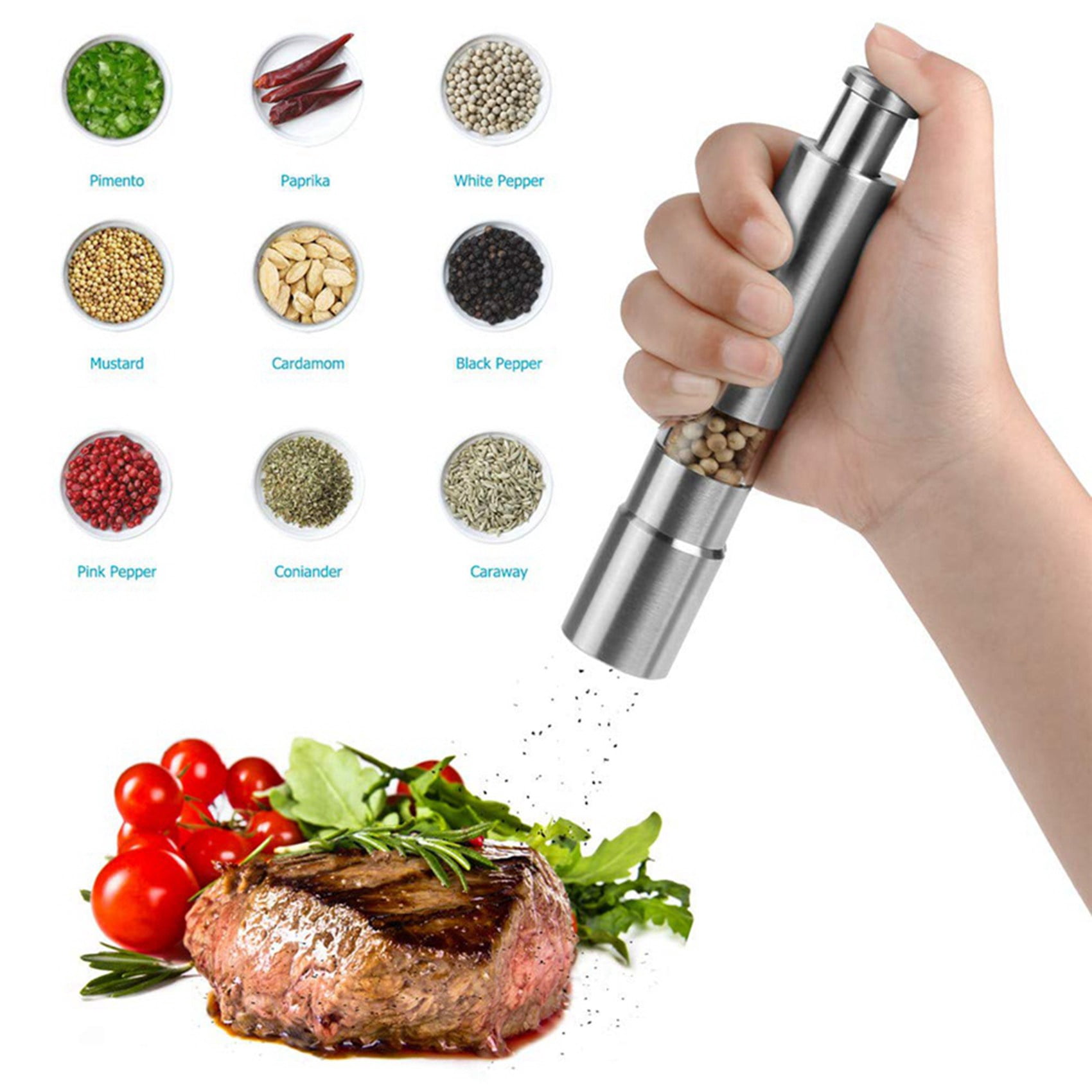 Salt and Pepper Mill Set, Stainless Steel Salt and Pepper Grinder One Hand Operation Salt and Pepper Mill 4 Pack