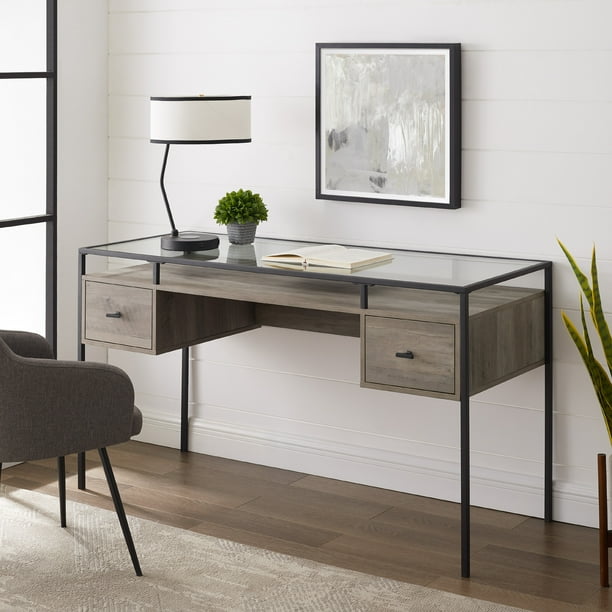 Carlisle Grey Wash 2-Drawer Glass Top Writing Desk by ...
