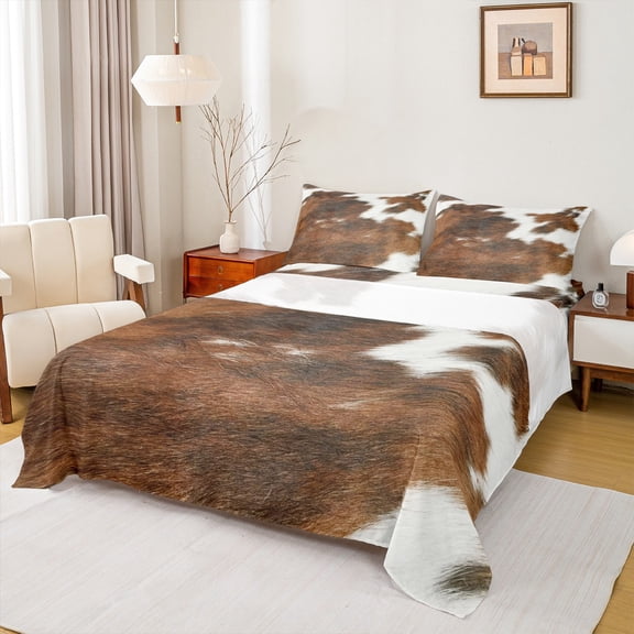 Castle Fairy Adults Female Men Farmhouse Cow Print Twin Sheet Sets 3pcs,Brown White Twin Fitted Sheet Microfiber,Rustic Western Animal Cattle Breathable Flat Sheet,Microfiber Bedroom Decor