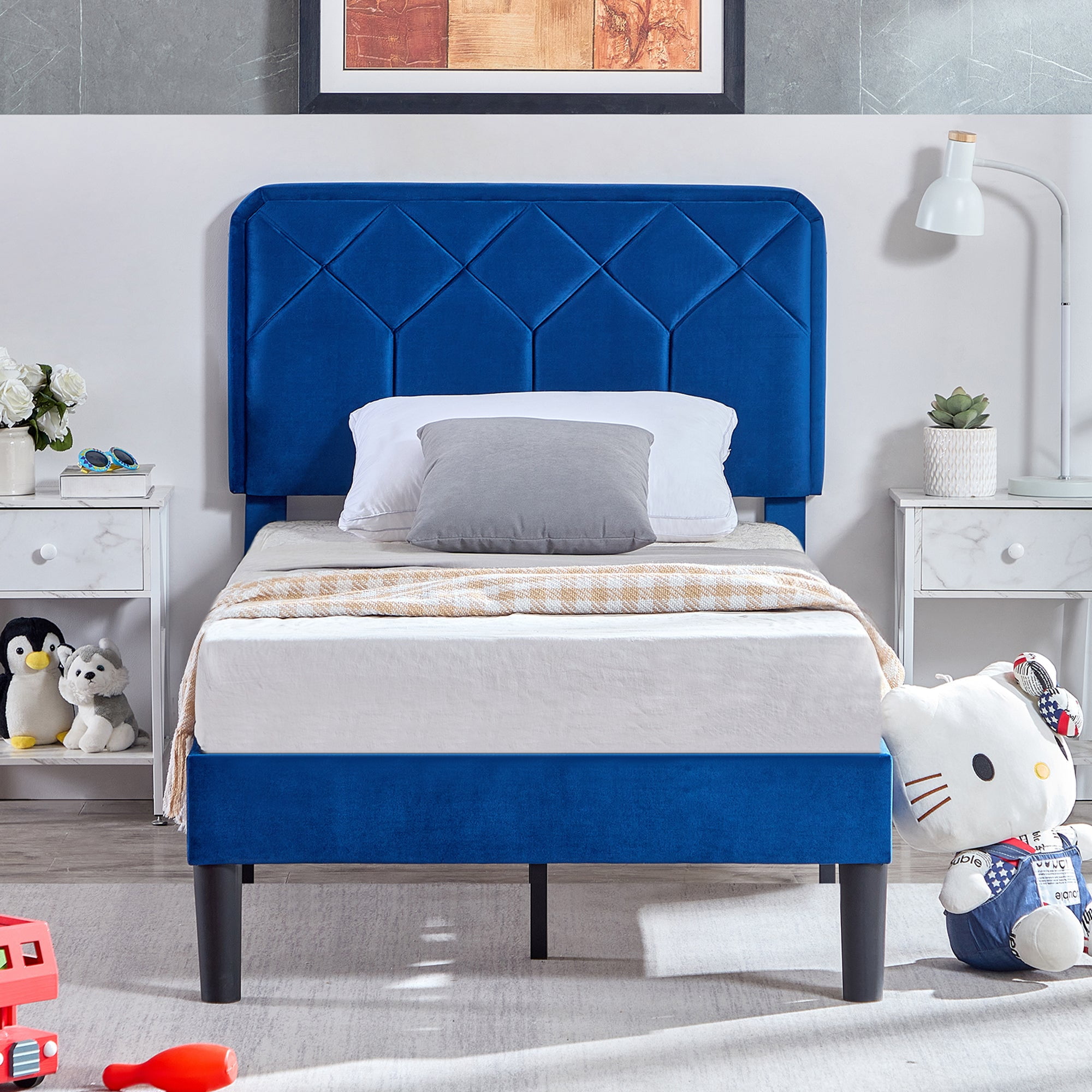 VECELO Twin Size Upholstered Platform Bed Frame with Modern Adjustable Headboard, Mattress