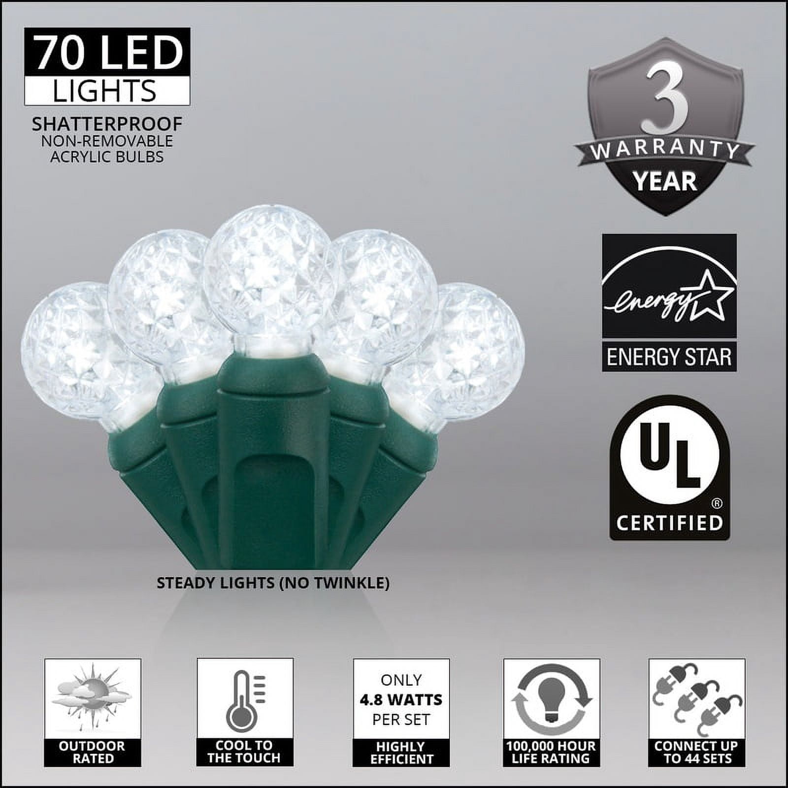 70 G12 Ball Lights Cool White String Lights, 24 ft LED Globe Christmas Lights Cool White Lights String Globe String Lights White LED String Lights