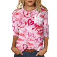 thumbnail image 1 of SZXZYGS T-Shirts Graphiques pour Femmes Crop Top Nœud T-Shirt Manches Trois-Quarts Imprimé Saint-Valentin Col Rond Été 2024, 1 of 4
