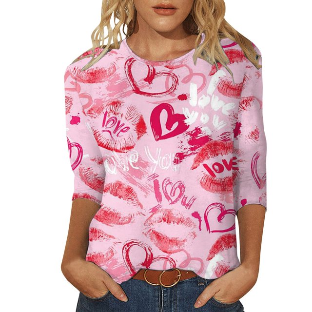 SZXZYGS T-Shirts Graphiques pour Femmes Crop Top Nœud T-Shirt Manches Trois-Quarts Imprimé Saint-Valentin Col Rond Été 2024