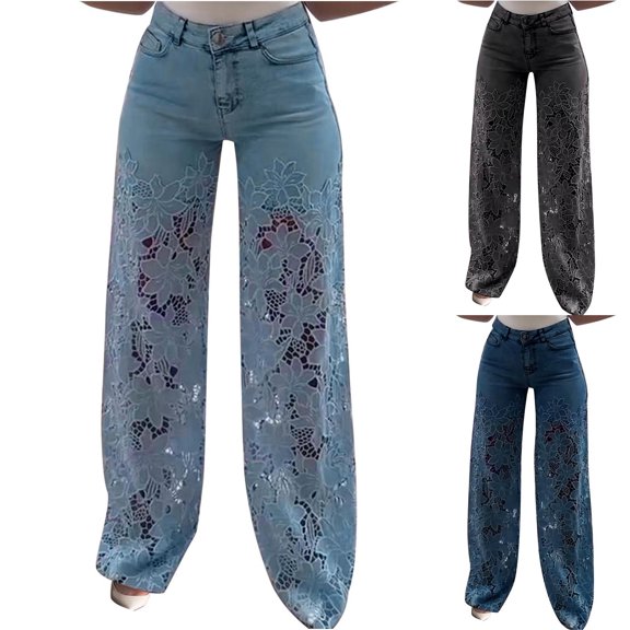 Women's Casual Solid Color Pocket Pants Trousers Jeans with Lace Patchwork and Eyelet Details for Daily Lounge Streetwear Travel Essentials | Aestivo,Dark Blue M