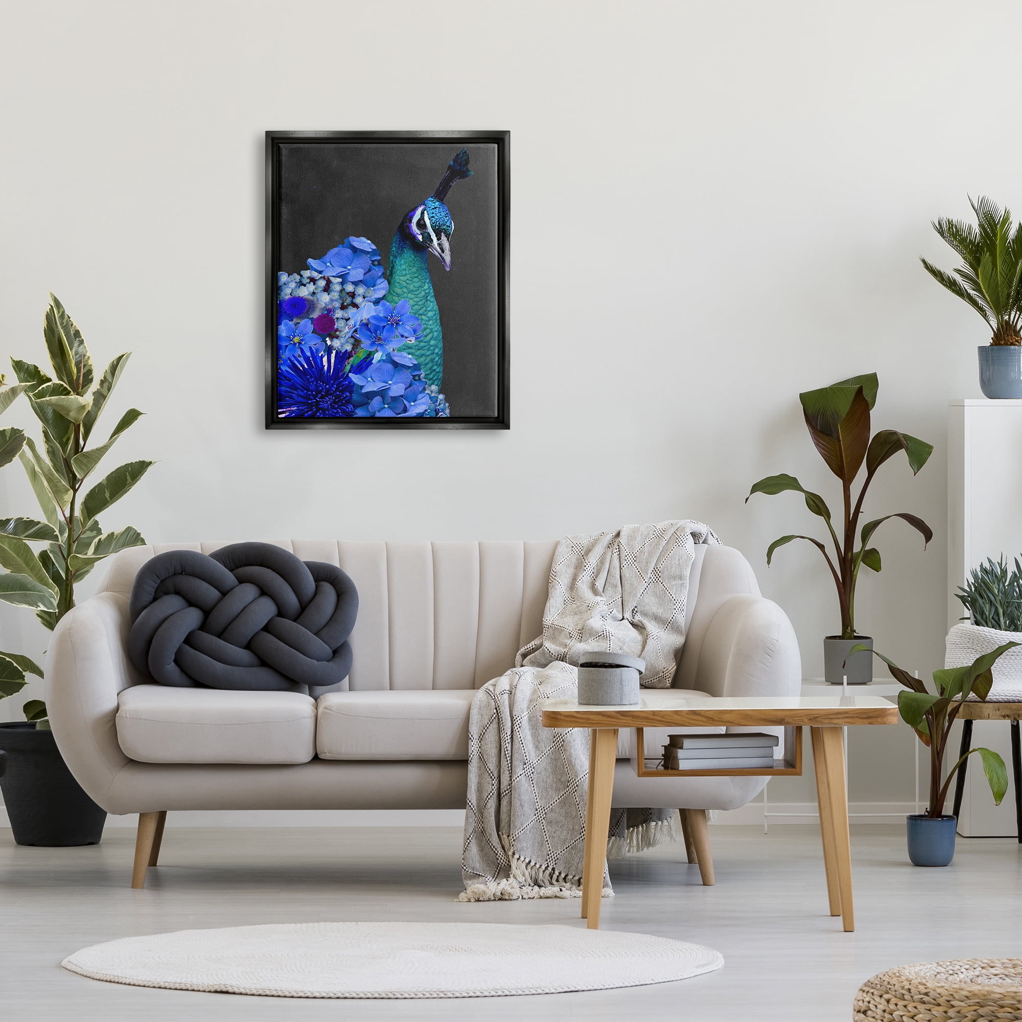 Stupell Industries Peacock with Blue Flowers Animals & Insects Painting Black Floater Framed Canvas Art Print Wall Art, 25 x 31