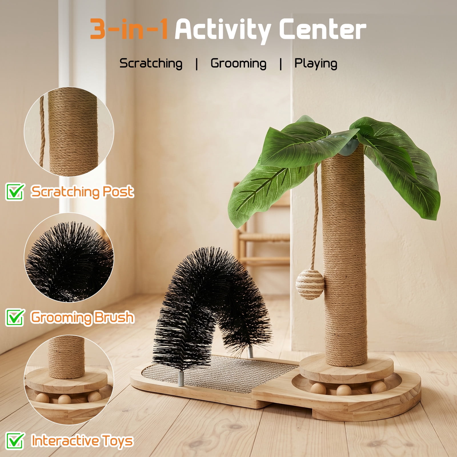 Wooden Cat Scratcher with Sisal Scratching Post, Cat Activity Center with Grooming Brush and Hanging Toy, Small Cat Tree for Indoor Cats and Kittens