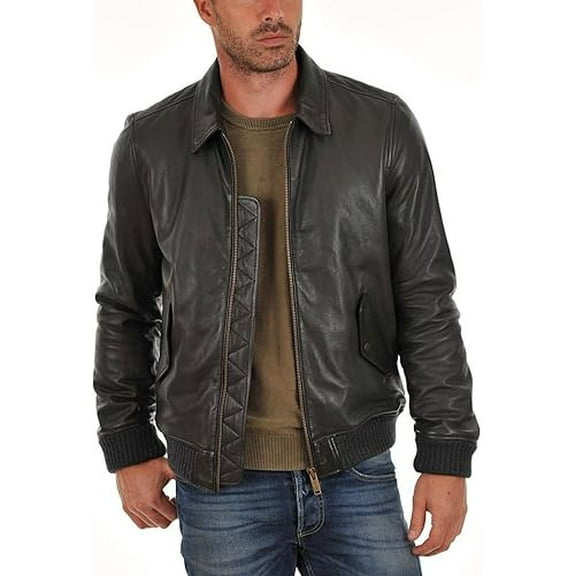 New Mens Leather Black Bomber Jacket Slim Fit Biker Motorcycle Genuine Leather A332