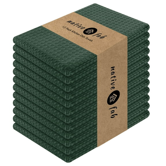 Native Fab 12 Pack Waffle Kitchen Dish Towels - 100% Cotton Absorbent Wash Cloths - Olive Green