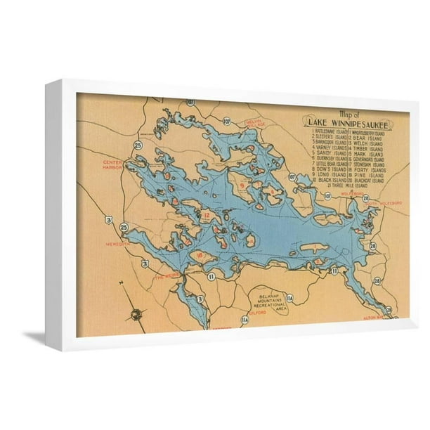 Lake Winnipesaukee Map Framed Map Of Lake Winnipesaukee, New Hampshire, Framed Art Print Wall Art -  Walmart.com