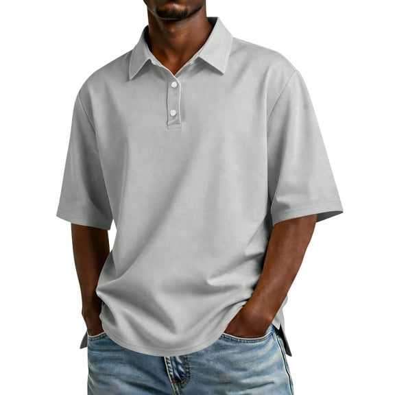 Domuza Polo Shirt Men Short Sleeve Button Up Cotton Soft Lapel T-Shirt Fashion Casual Relaxed Fit Breathable Comfy Solid Tees Light Gray_002 2XL