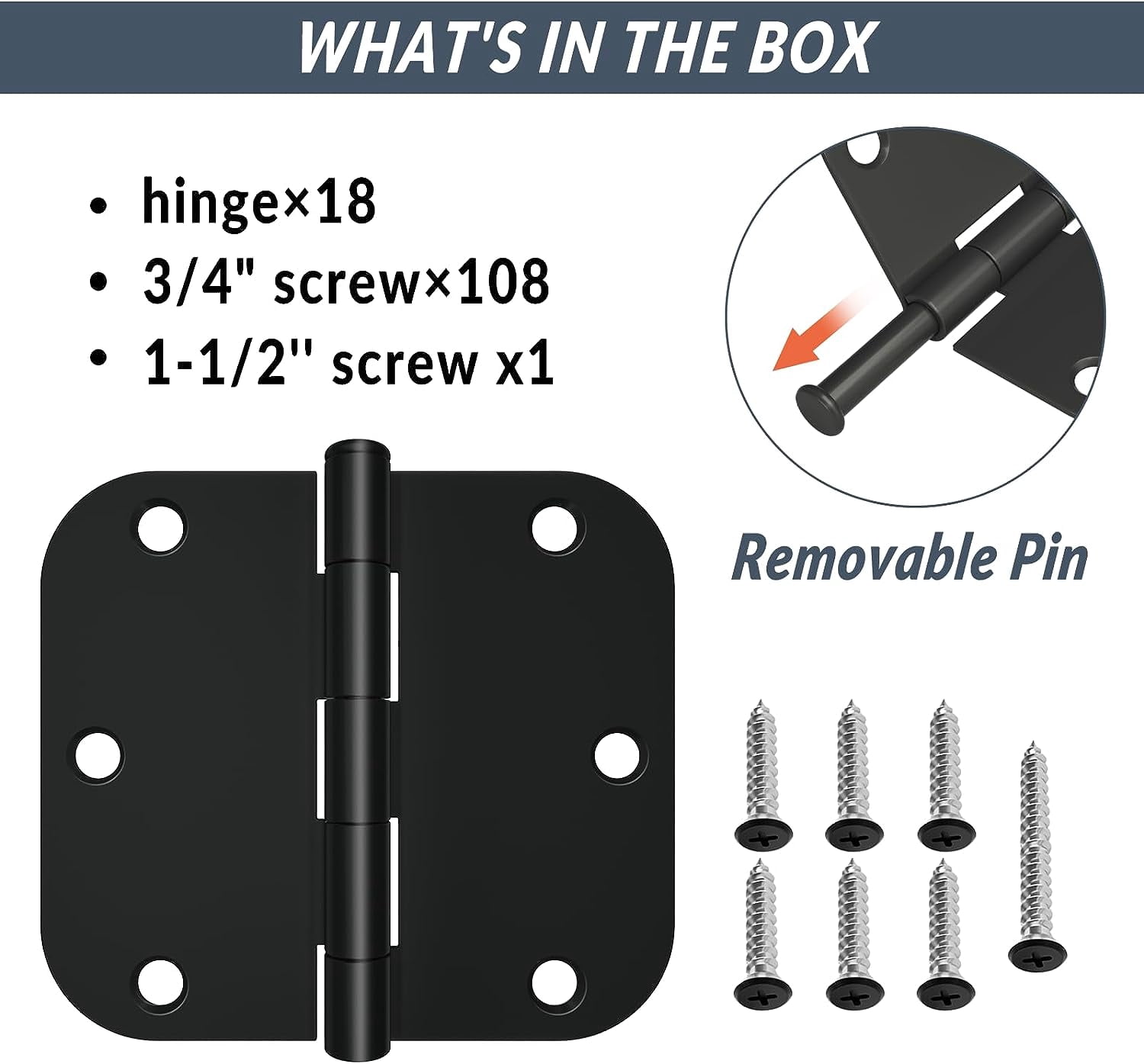 18 Pack Rounded Door Hinges 3.5 Inch with 5/8" Radius Corner, Matte Black Interior Door Hinge for Bedroom, Storage room, Garage, Bathroom and More