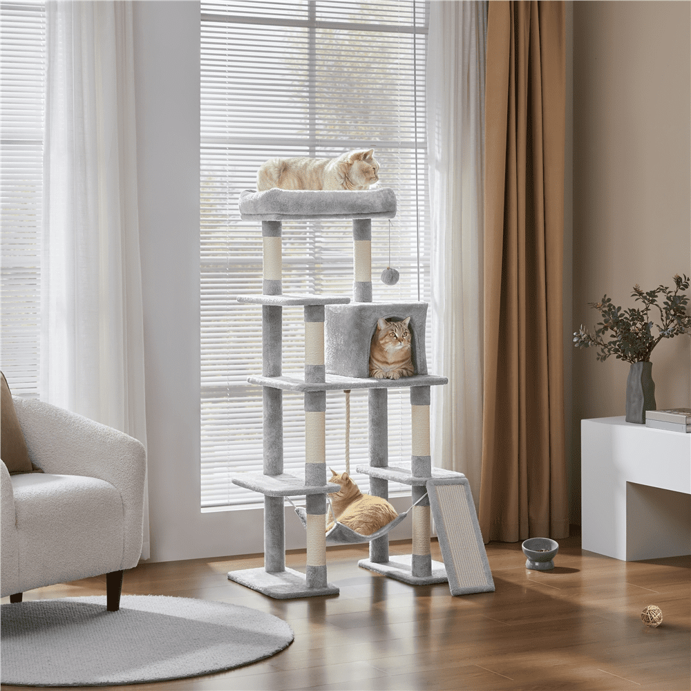 Renwick 54″ Tall Multilevel Plush Cat Tree with Hammock Scratching Posts, Light Gray