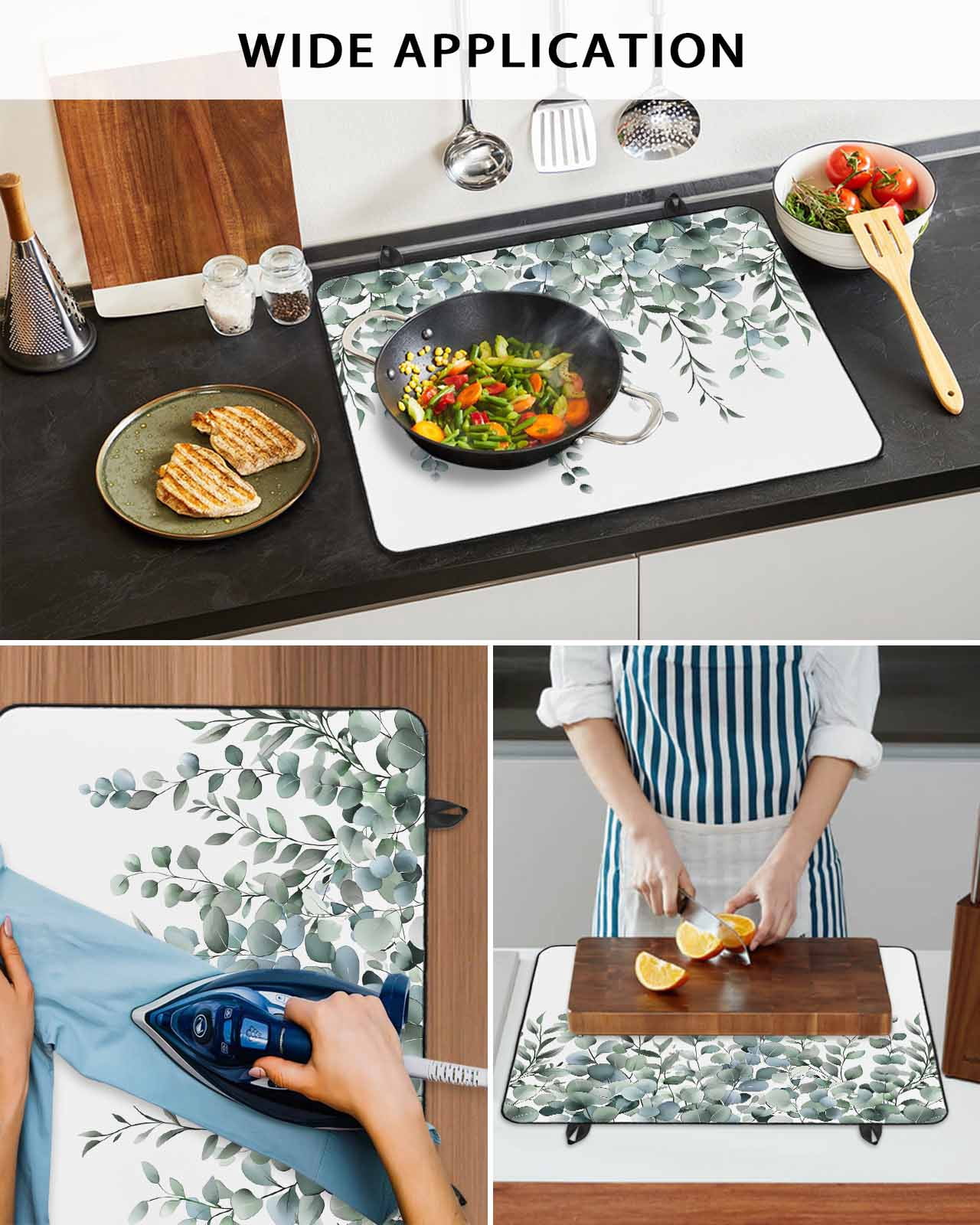 nqOlkjepod Large Induction Cooktop Protector Mat 36"x21", Green Eucalyptus Leaves Stove Top Covers for Electric Stove, Summer Botanical Watercolor Stove Burner Cover Mats, Glass Top Stove Cover