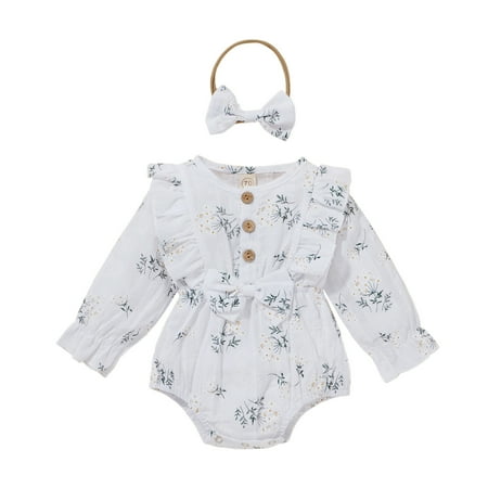 

Mialoley Girls Floral Print O-Neck Long Sleeve Baby Romper with Hairband