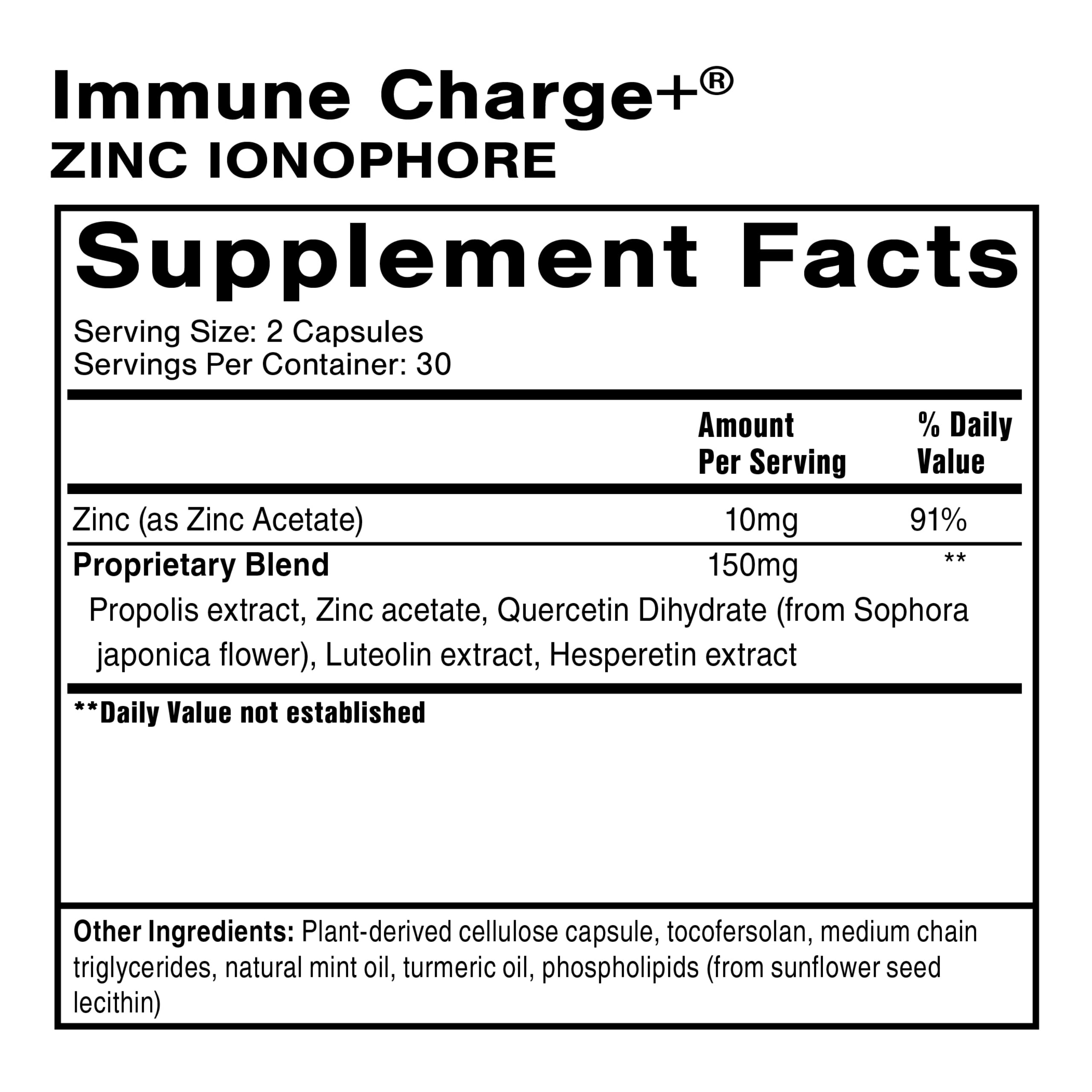 Quicksilver Scientific Immune Charge+ Zinc Ionophore - Zinc Supplement Complexed with Quercetin, Luteolin, Hesperetin Immune + GI Support (60 Capsules)