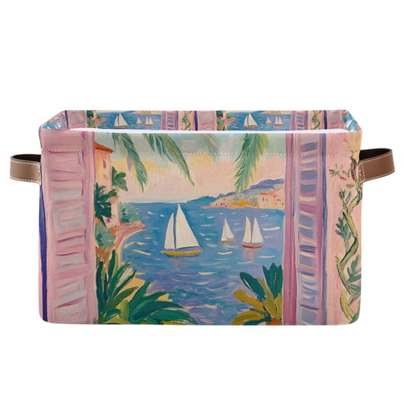 Yayeee Canvas Storage Basket with Handles for Shelves Fabric Bins Closet Organizer, Pink Seaside Boat