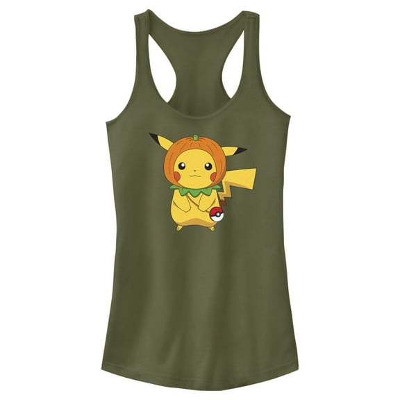 Junior's Pokemon Halloween Pumpkin Pikachu Racerback Tank Top Military Green Medium