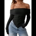thumbnail image 1 of Camiseta Asimétrica Ajustada de Larga con Hombros Descubiertos Y2K para Mujer Negro XS, 1 of 10