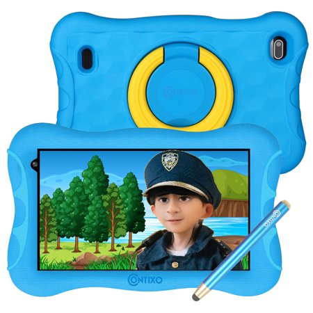 Contixo Kids Tablet with ($150 Value) Educator Approved Academy, 7-inch HD Display for Eye Protection, 2GB + 32GB, Protective Case with Adjustable Bracket (Kickstand) and Stylus, 2021 V10 Plus-Blue