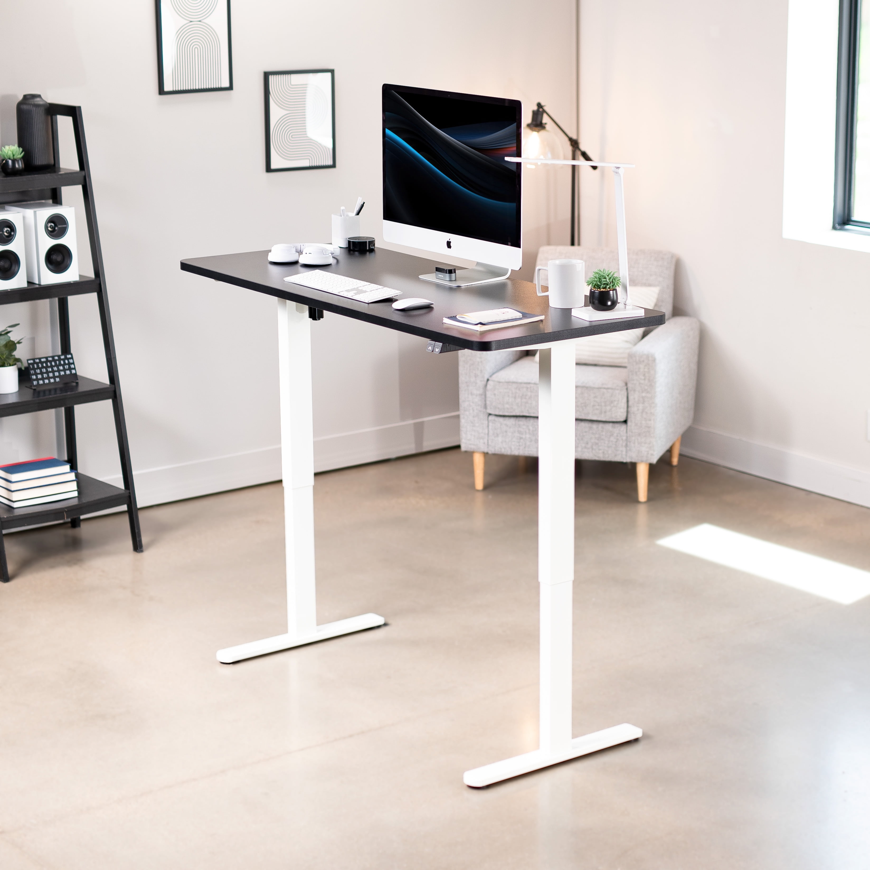 VIVO Electric 60” x 24” Stand Up Desk Workstation | Black Table Top, White Frame