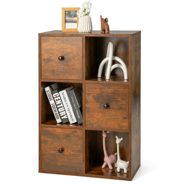Costway 6-Cube Wooden Bookcase Storage Organizer with 3 Open Cubes 3 Drawers Rustic Brown
