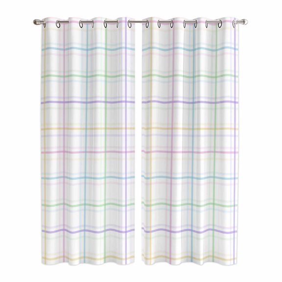 Kitchen Curtains 84 Inch Length 2 Panels, White Plaid Grid Grommets Window Treatment Curtain, Colorful Line Modern Simple Geometric Thermal Curtains Drapes for Living Room/Bathroom