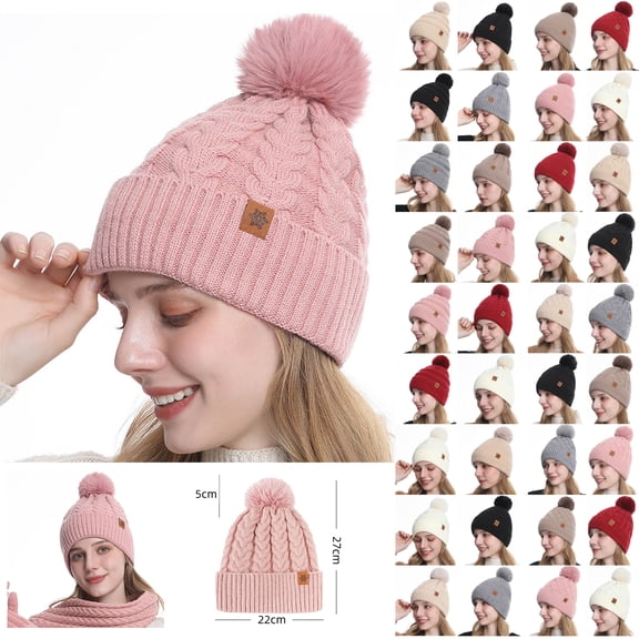 Otntypg Winter Beanie Hats for Women with Faux Fuzzy Pom Warm Soft Stretch Cozy Knit Fleece Thermal Snow Ski Skull Cap for Cold Weather