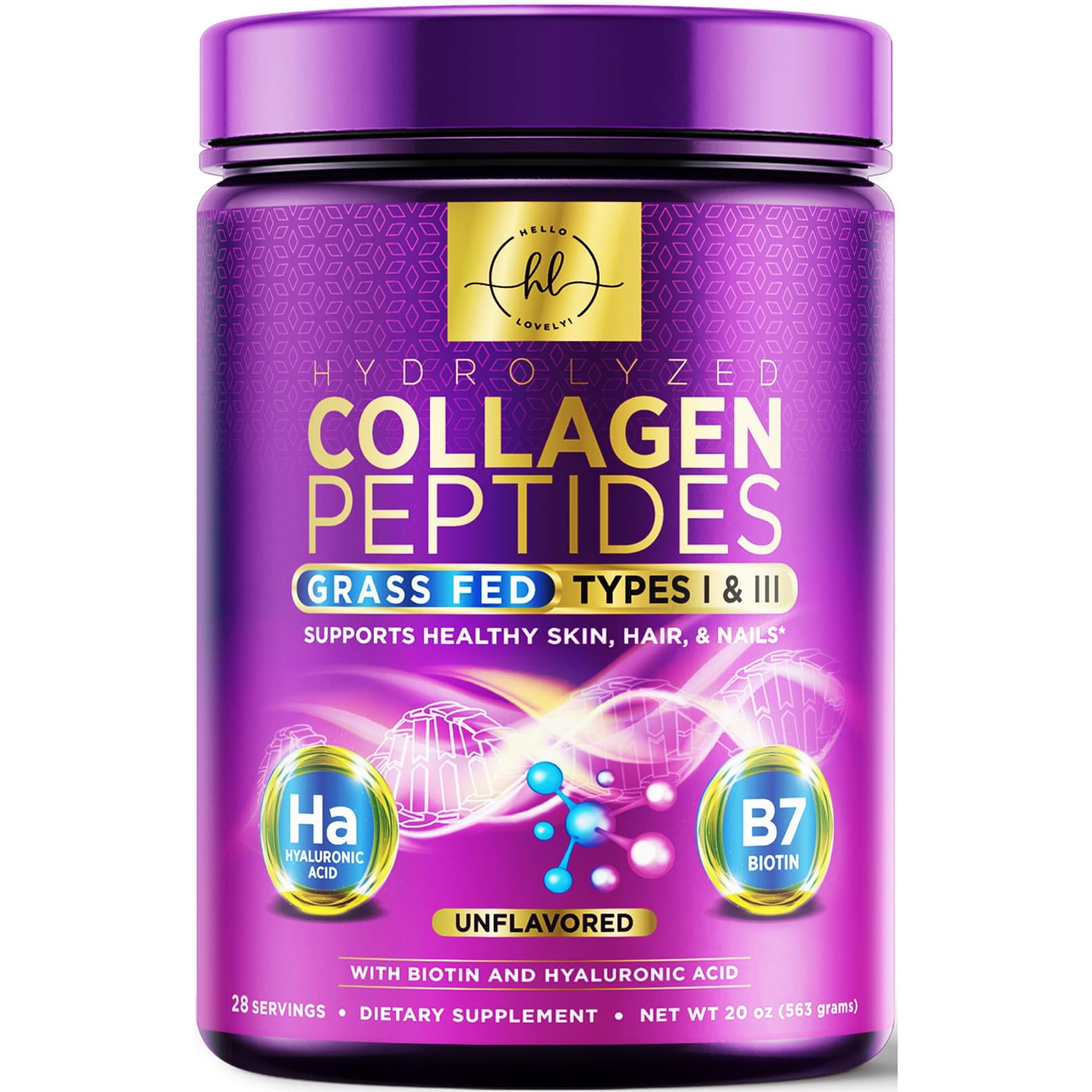 Collagen Peptides Powder 20G - Grass Fed Hydrolyzed Collagen Powder Unflavored Type I & III - Hyaluronic Acid & Biotin For Women - Hair, Skin, Nails & Joint Support - Bottled In USA - 28 Servings