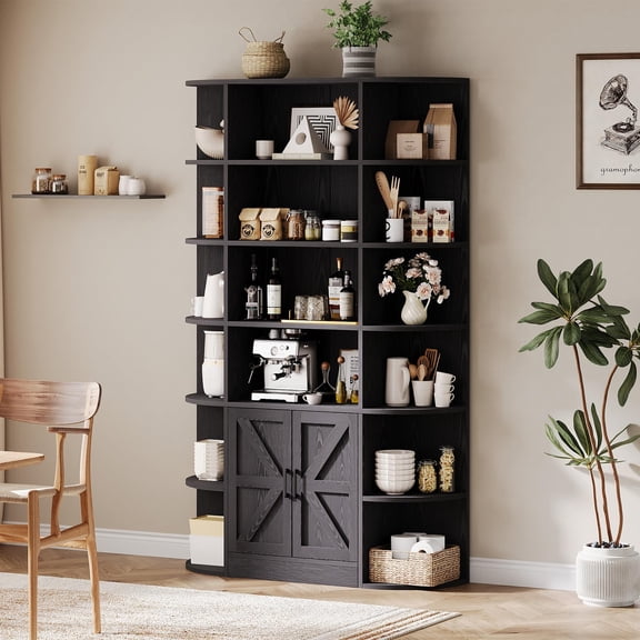 75in Tall Bookcase, 6 Tier Wooden Book Shelf 47" Wide Farmhouse Display Bookshelf Storage Cabinet with Doors and Open Shelves for Living Room Bedroom