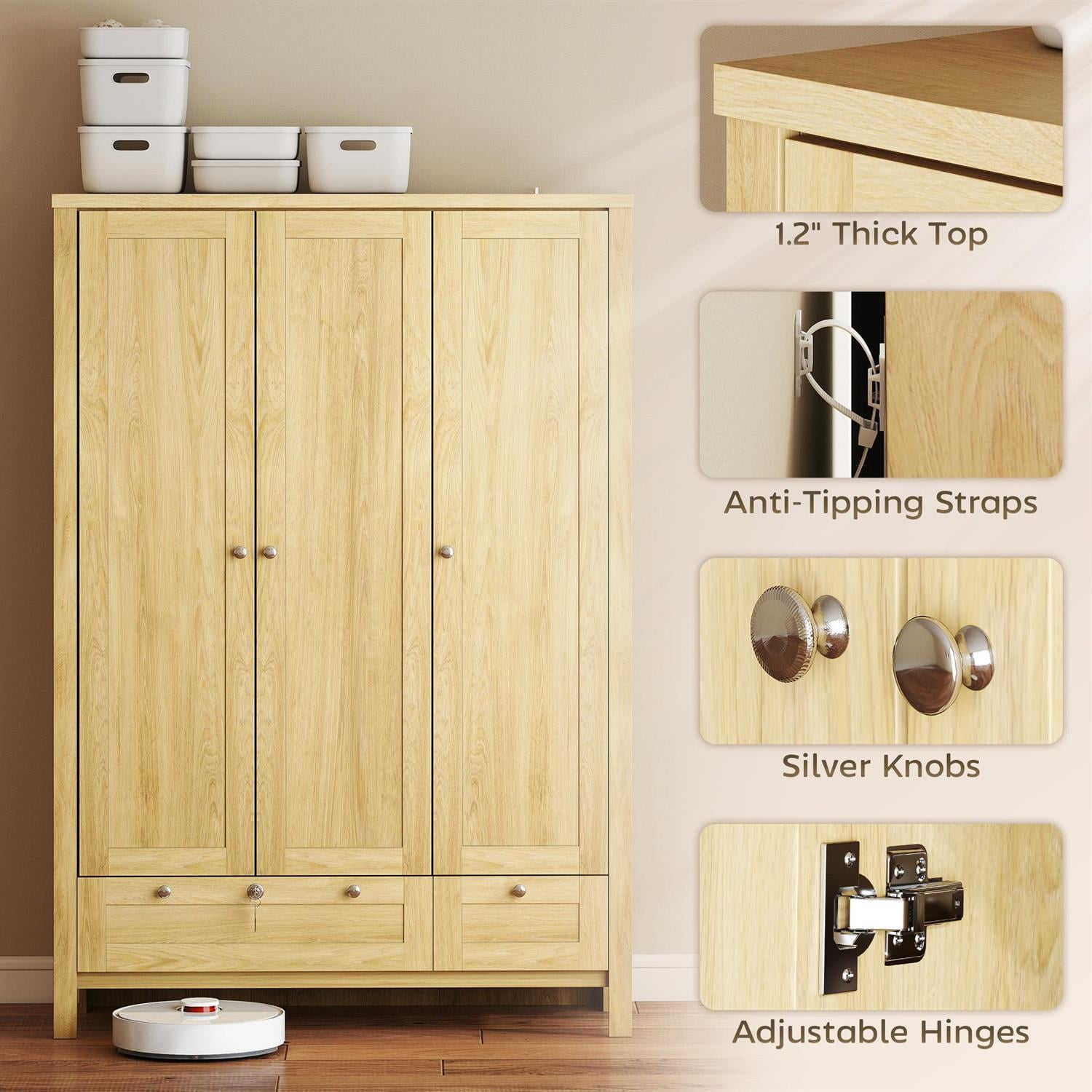 Demi Bonn 3-Door Closet Wardrobe with Lockable Drawers, Armoire for Bedrooms, Storage Shelves & Hanging Rod for Organizing Clothes and Accessories, Beige