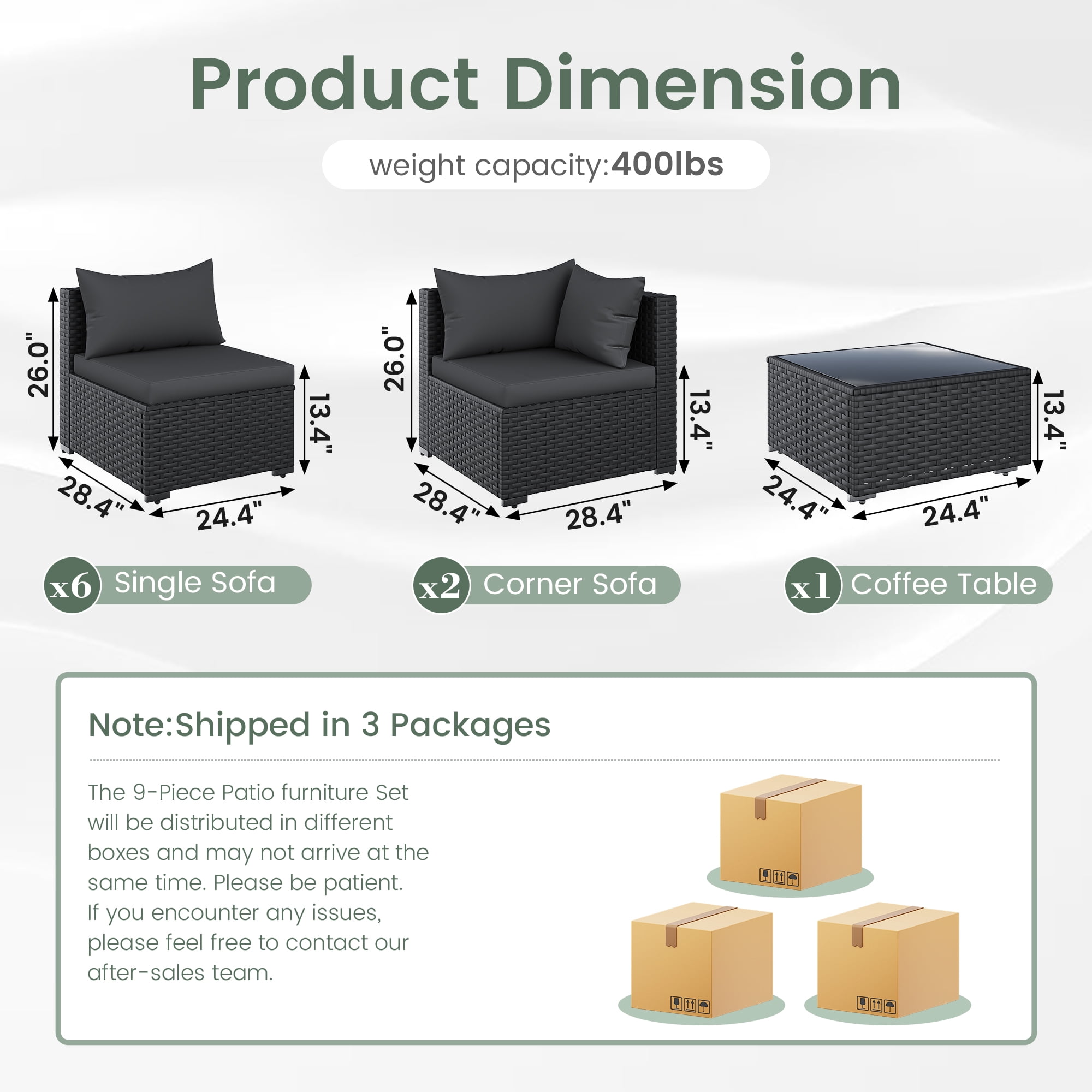 POTEBAN 9 Pieces Patio Conversation Set, Outdoor Black PE Wicker Sectional Sofa for Backyard Garden, Black
