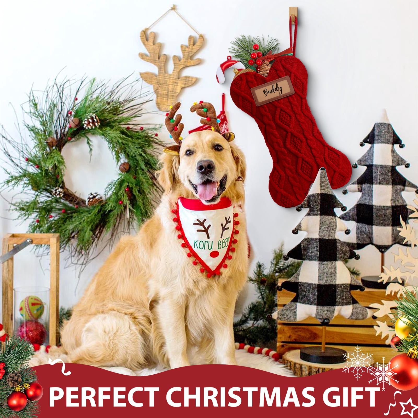 Ayieyill 18 Inch Dog Christmas Stocking, Bone Shape Stocking Christmas for Dog, Large Pet Stockings Hanging Christmas Decorations (Red)