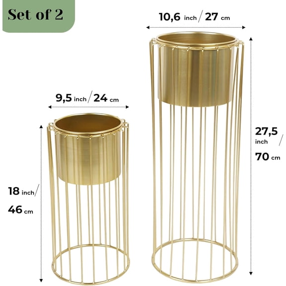 Set of 2 Planters with Stand 18 & 27" Tall Indoor Outdoor Metal Gold Flower Pots for Living Room Corner Kitchen Garden Balcony Office  Decor, for Wedding Decoration