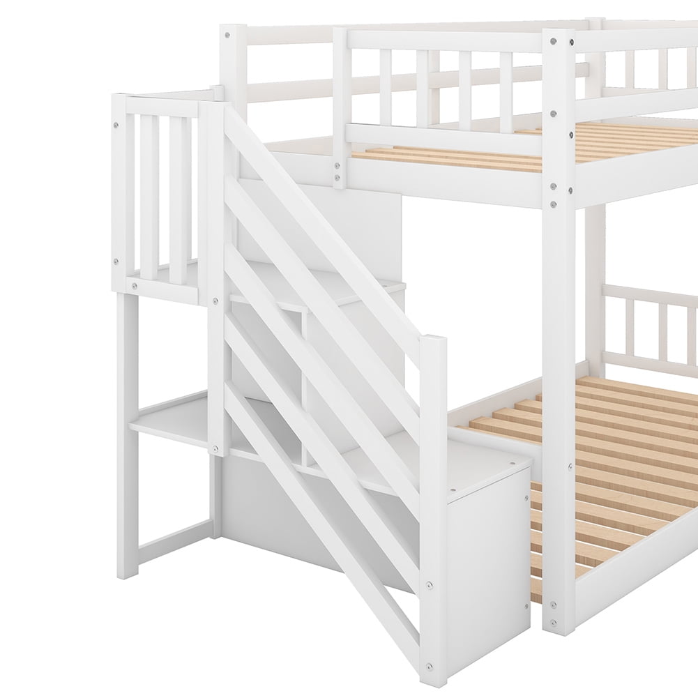 Kadyn Twin over Twin Floor Bunk Bed, Small Space Kids Bed with Storage Stairs, White