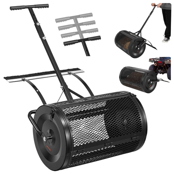 VEVOR Compost Spreader, 24" Wide Peat Moss Spreader with Push/Tow Handle & Brush, 4 Heights Adjustable, Powder-Coated Steel Garden Peat Moss Roller, Heavy Duty Grass Seed Roller for Planting Seeding