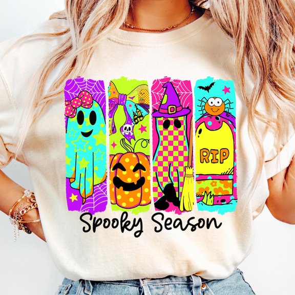 Neon Spooky Season T-Shirt, Halloween Ghost Cat Tee, Coquette Fall Pumpkin Shirt, Witchy Vibes Graphic Tee, Brushstroke Halloween Shirt