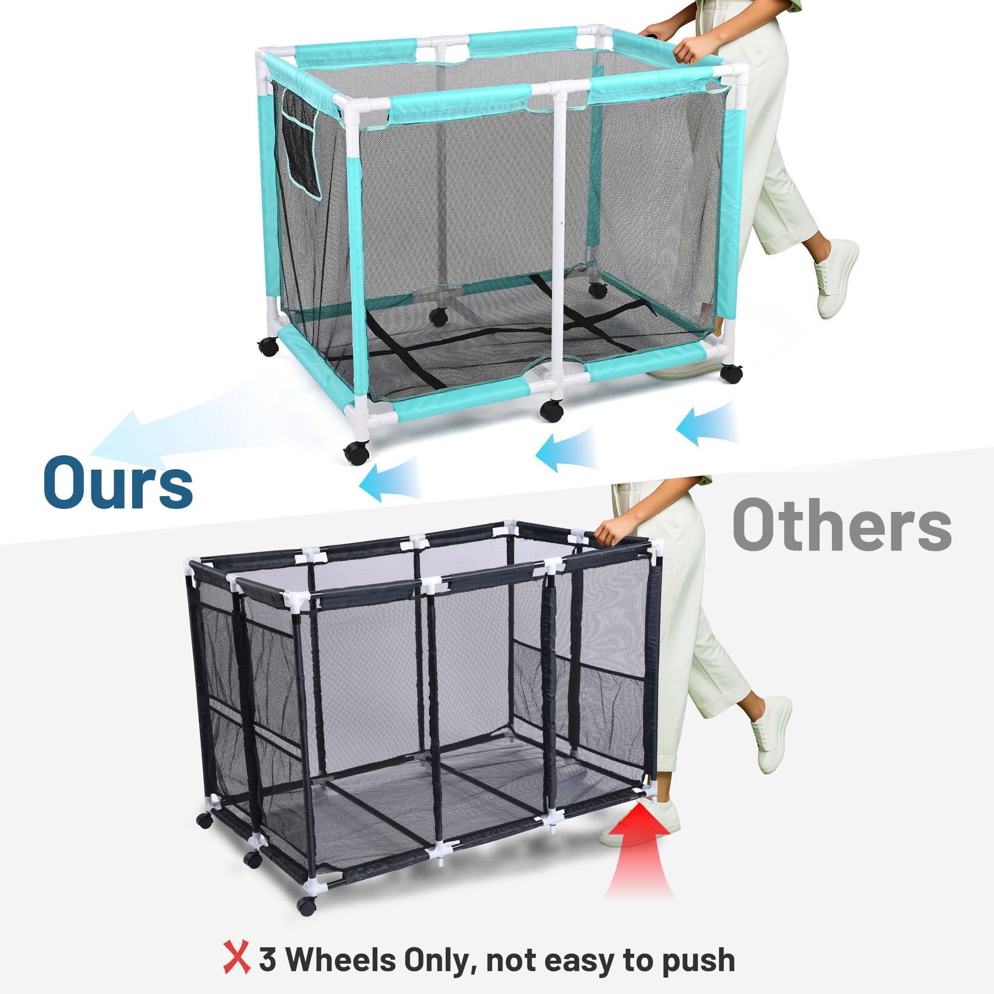 Yescom 48" Heavy-Duty Rolling Pool Toy Storage Bin – Reinforced Metal Frame Mesh Cart with 10-Wheel Stability, Side Pockets, and Breathable Quick-Dry Fabric in Blue