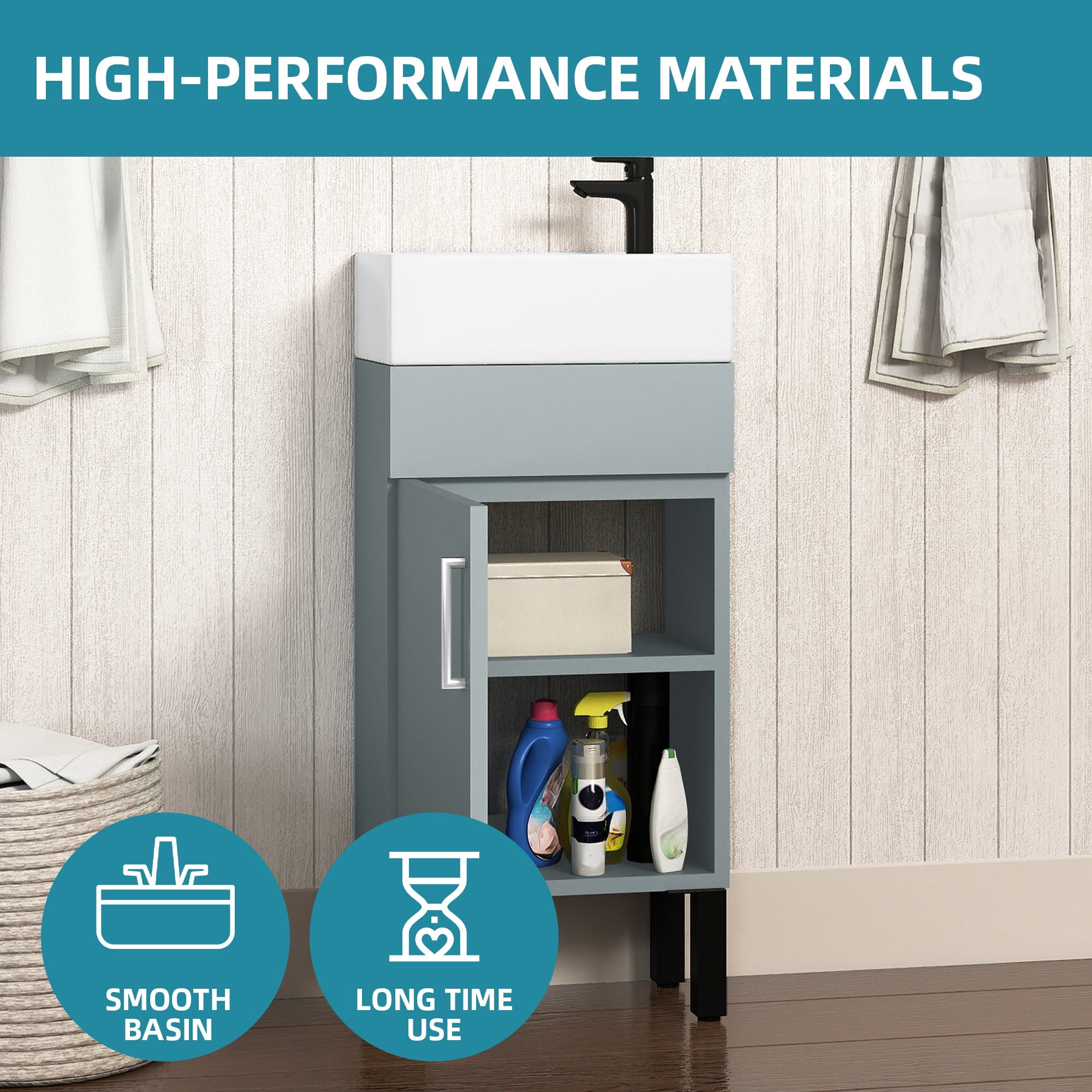 Uforic 16" Modern Free Standing Bathroom Vanity with Undermount Sink, Soft Close Door & Storage Cabinet, Gray