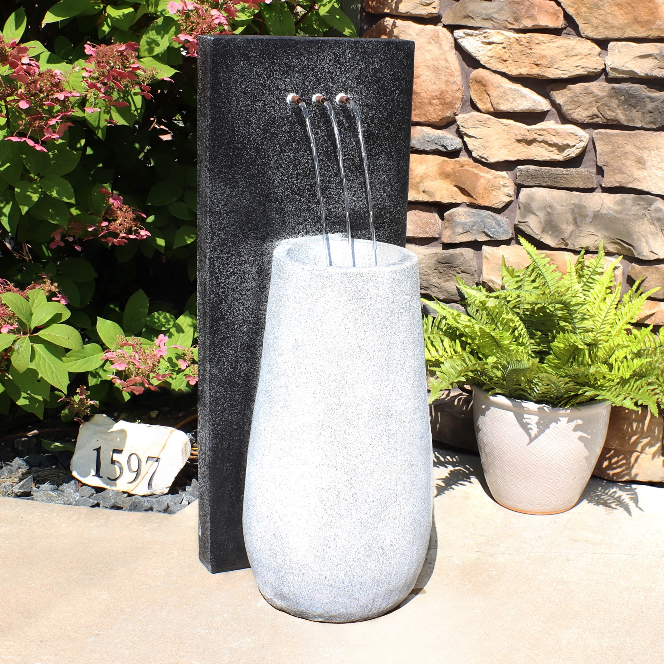 Sunnydaze Three Stream Monterno Polyresin Outdoor Water Fountain with Lights