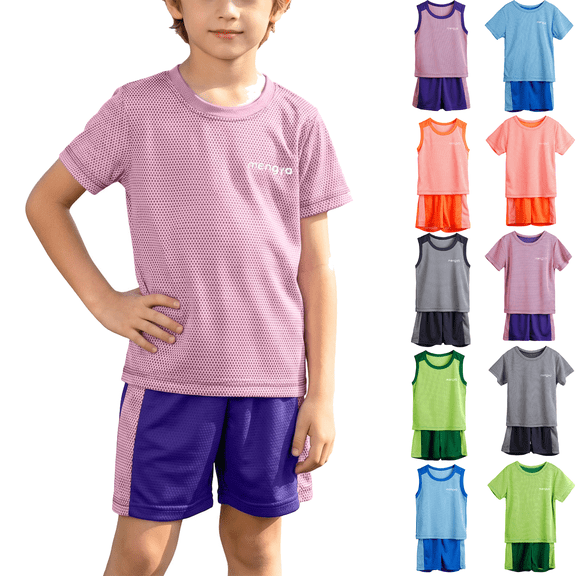 Workout Sets for Kids Lightweight Mesh Tank Tops and Shorts Activewear Breathable Color Block Basketball Soccer Uniform for Boys Girls 2-13 Years