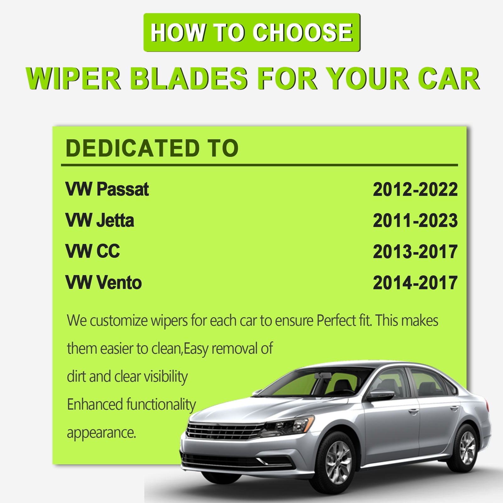 FARRLADI 24"+19" Silicone Windshield Wipers Replacement for VW Passat 2012-2022,Jetta 2011-2023,CC 2013-2017,OEM Quality Premium All-Season Front Wiper Blades (2 Pack)
