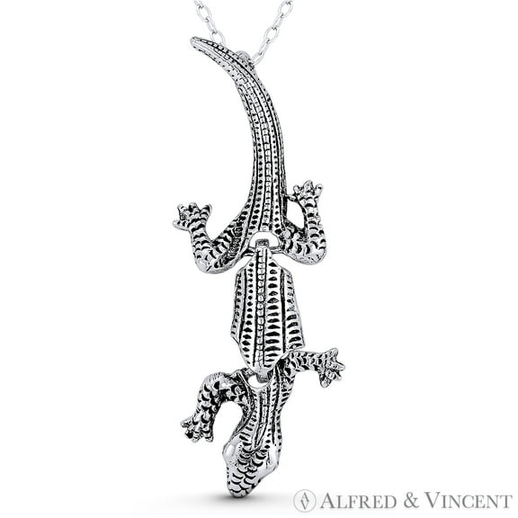 Gecko Lizard Charm 44x16mm (1.7x0.6in) Pendant Animism Jewelry in Oxidized .925 Sterling Silver