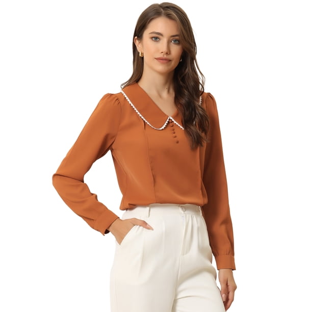 Blusa De Gasa Casual Con Cuello Peter Pan De Manga Larga Con Botones Decorativos Para Mujer Caramelo XS
