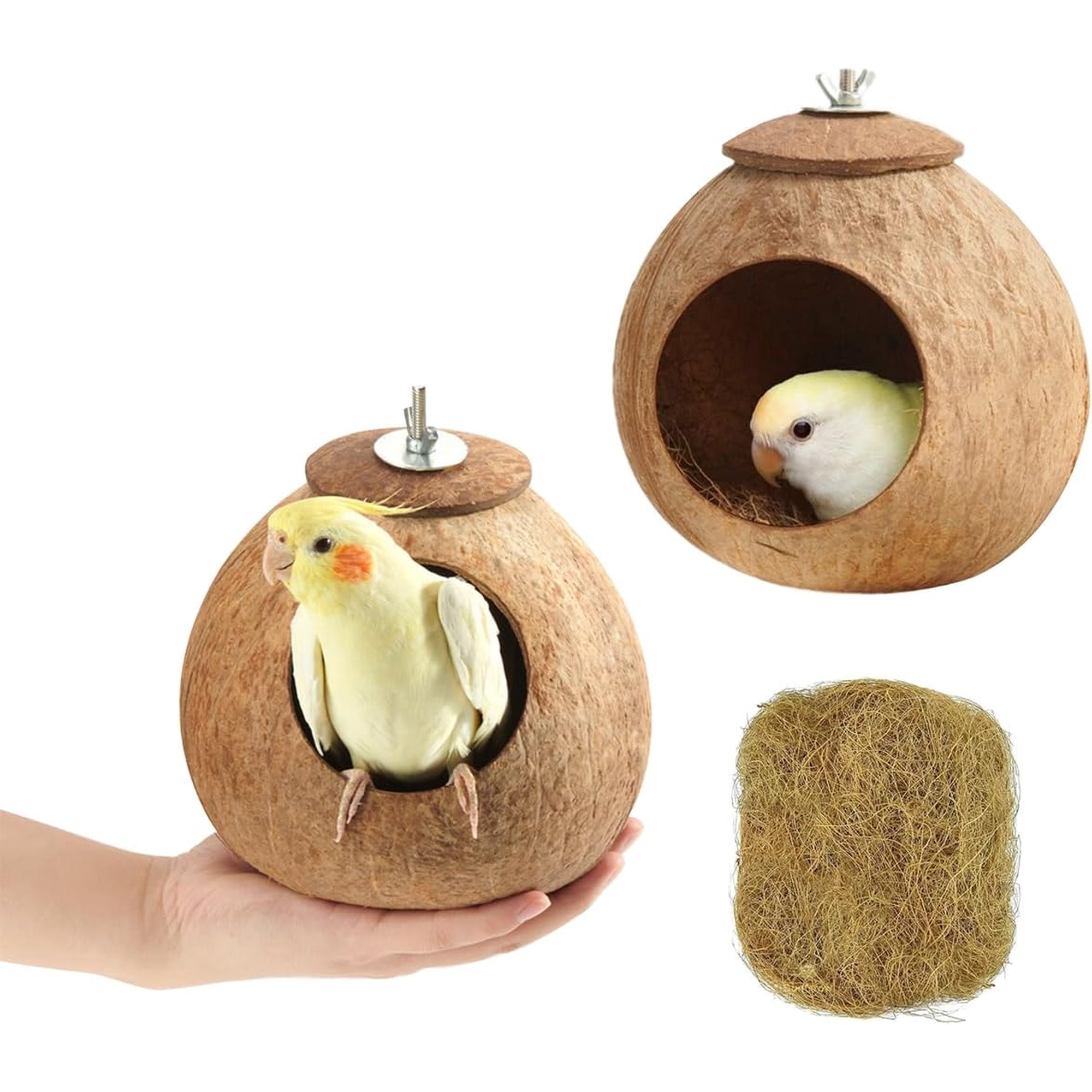 Bird Nest for Cage Natural Coconut Shell Birds House 2 Pack Parakeet Hide Breeding Hut Bird Cage Accessories & Decor Hamster Toys for Parrot Lovebirds Budgies Cockatiel Conure Finch Canary