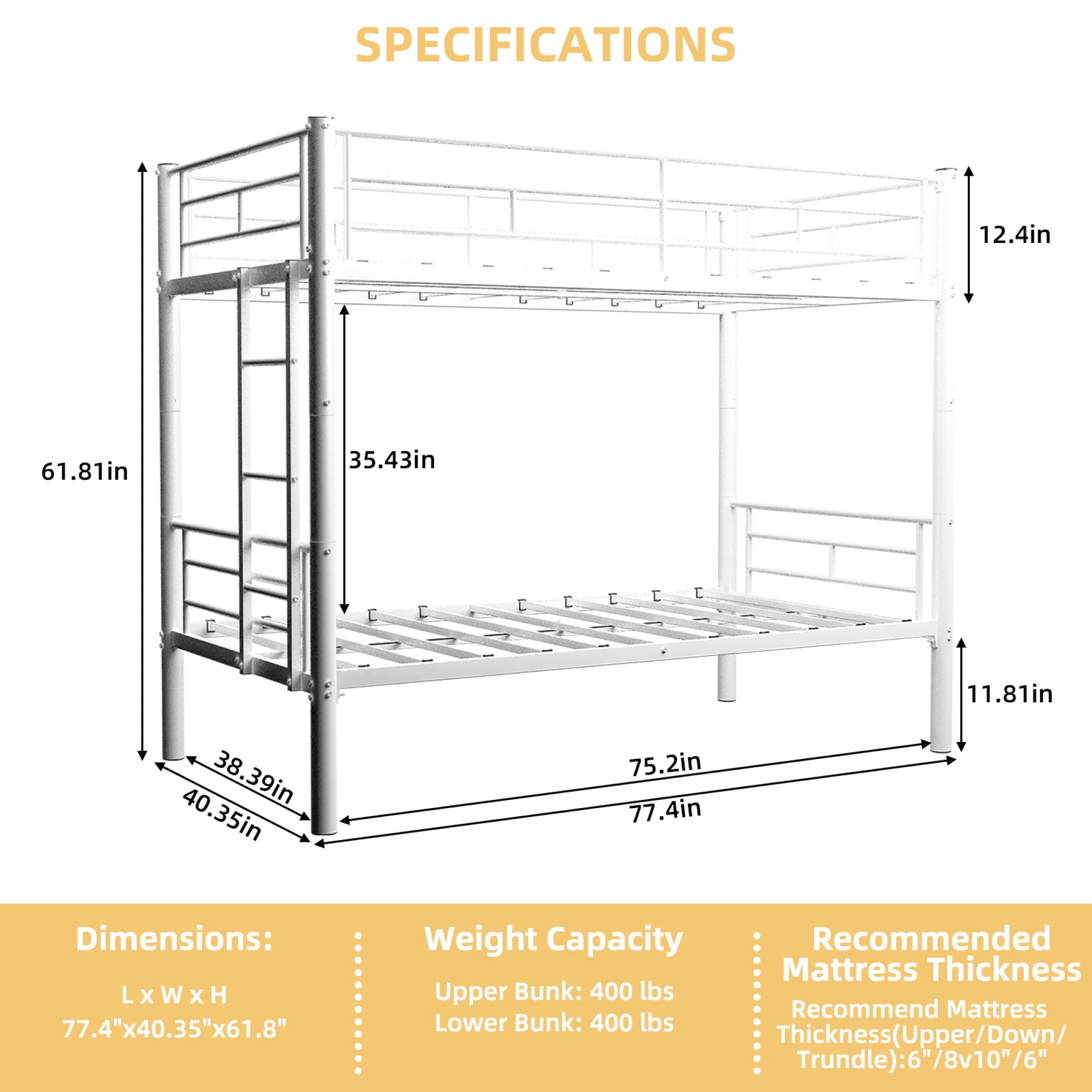Leumius Twin Over Twin Bunk Bed for Kids Boys Girls, Heavy Duty Metal Bunk Bed with Ladders & Guardrail,Convertible 2 Beds,White